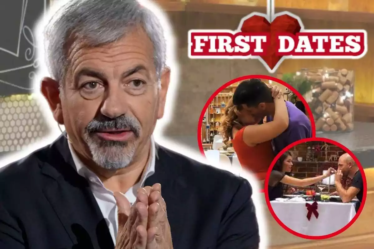 Muntatge de fotos de primer pla de Carlos Sobera amb rostre seriós i, al costat, imatges de dues cites de 'First Dates' amb el logotip del programa de Mediaset