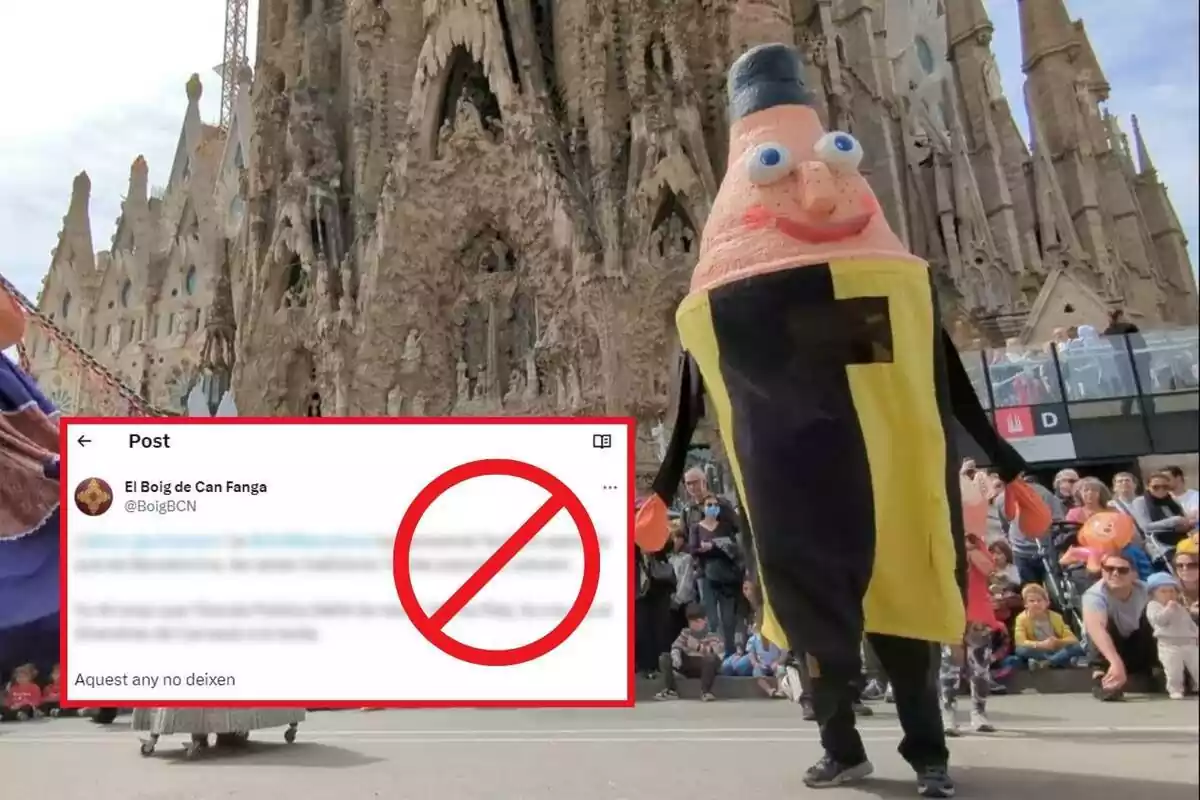 Montaje de fotos de un plano general del Carnaval de un colegio de Barcelona y, al lado, la captura de pantalla de un tweet con el contenido borroso