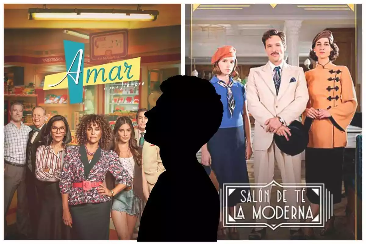 Muntatge de fotos del cartell de la sèrie 'Saló de te La Moderna' i 'Amar es para siempre' amb la silueta d'un home al davant