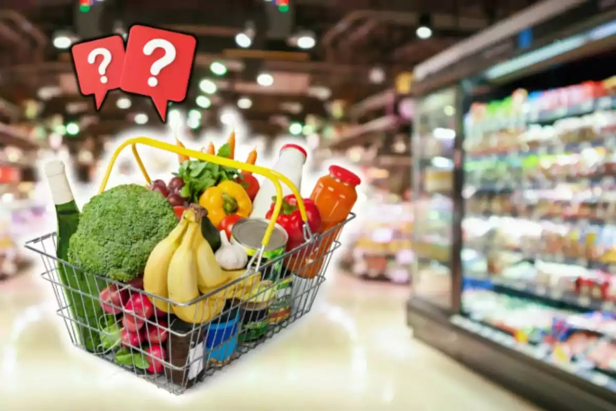 Una canasta de supermercado llena de frutas, verduras y productos envasados, con signos de interrogación en un entorno de tienda.