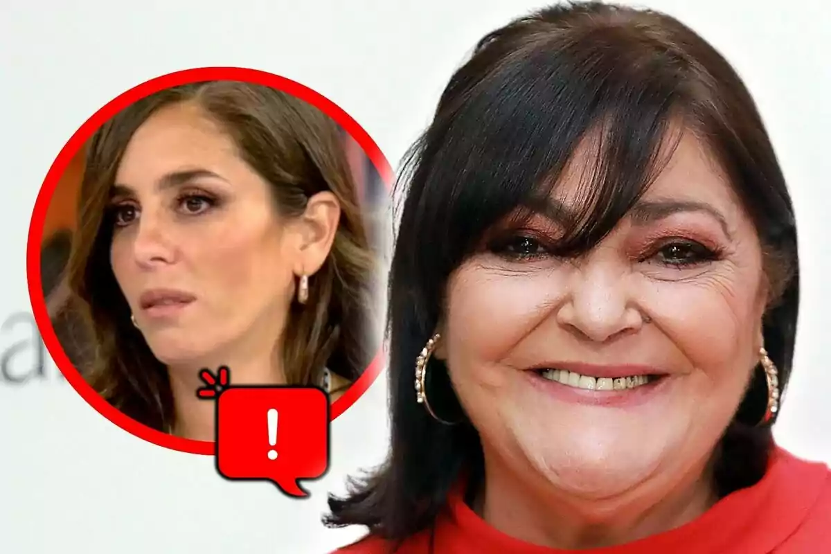 Photo montage of Charo Reina smiling in the foreground with Anabel Pantoja in a red circle in the top left corner showing a serious expression and an exclamation icon.