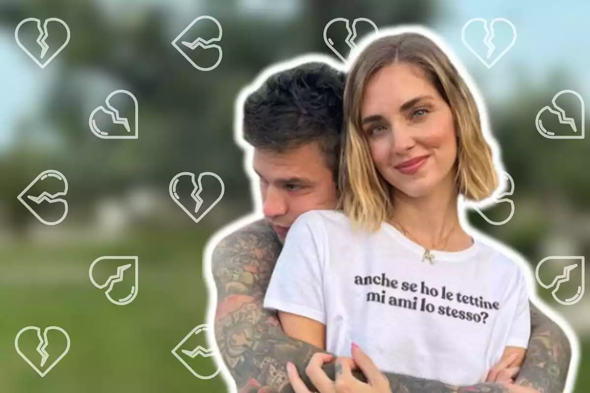 Muntatge de fotos de pla curt de Chiara Ferragni i Fedez abraçats amb emojis de cors trencats de fons