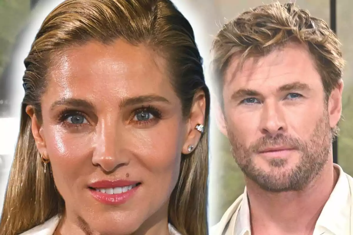 Photo montage of Chris Hemsworth and Elsa Pataky, both with smiling faces and in close-up.