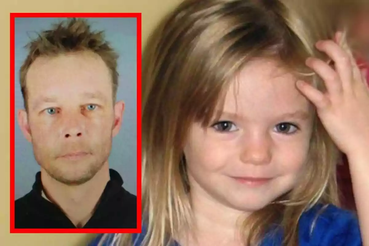 Una imatge mostra Christian Brückner en un requadre vermell a l'esquerra i Madeleine McCann somrient a la dreta. Una imatge mostra Christian Brückner en un requadre vermell a l'esquerra i Madeleine McCann somrient a la dreta.