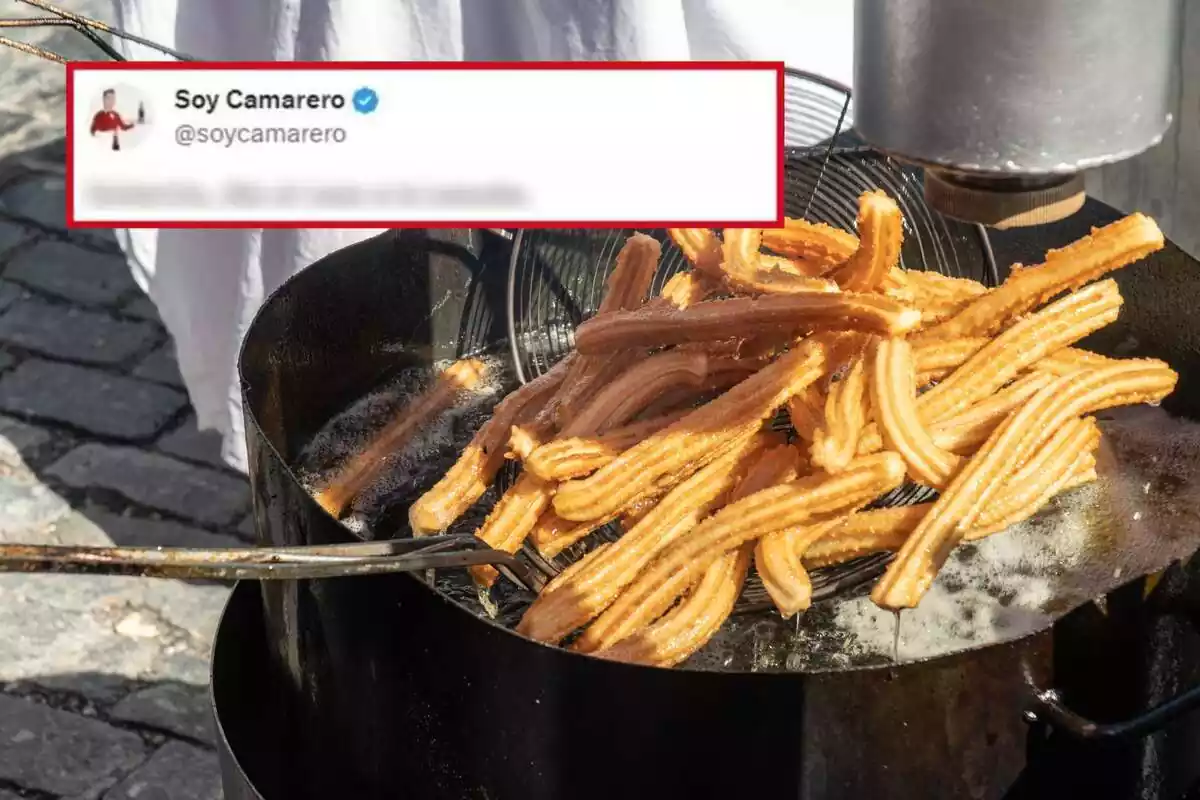Muntatge de fotos d'uns xurros cuinant-se en oli i, al costat, una captura de pantalla d'un tweet de '@SoyCamarero' amb el contingut borrós