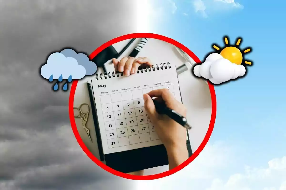 Una mà sosté un bolígraf sobre un calendari de maig, envoltat per un cercle vermell, amb un fons dividit entre núvols foscos i un cel assolellat.