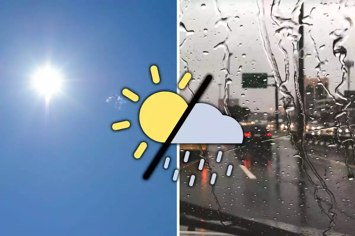 La meitat de la imatge mostra un cel assolellat i l’altra meitat un carrer plujós amb una icona de sol i núvol al centre. La meitat de la imatge mostra un cel assolellat i l’altra meitat un carrer plujós amb una icona de sol i núvol al centre.