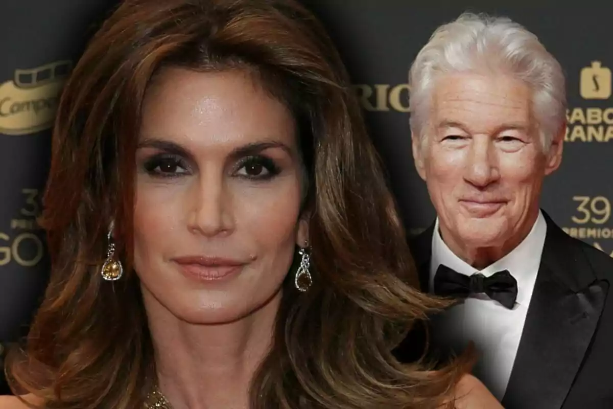 Muntatge de fotos de primer pla de Cindy Crawford i Richard Gere, tots dos mig somrients.