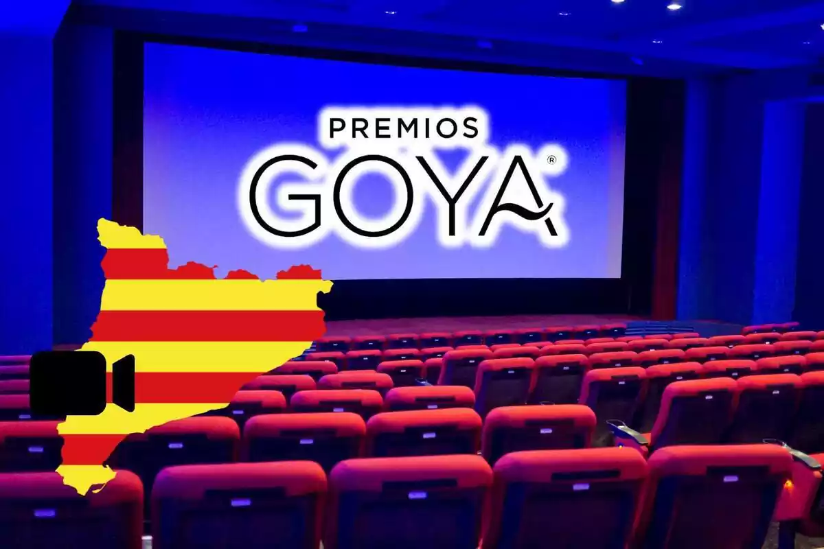Muntatge de fotos d´un cinema i, al costat, un emoji de la silueta del territori de Catalunya amb el logo dels premis Goya al costat