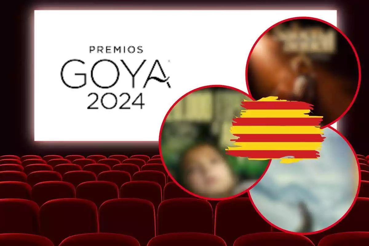 Plànol general de les butaques d'un cinema i, al costat, tres rodones amb imatges borroses, la bandera catalana i el logotip dels Premis Goya