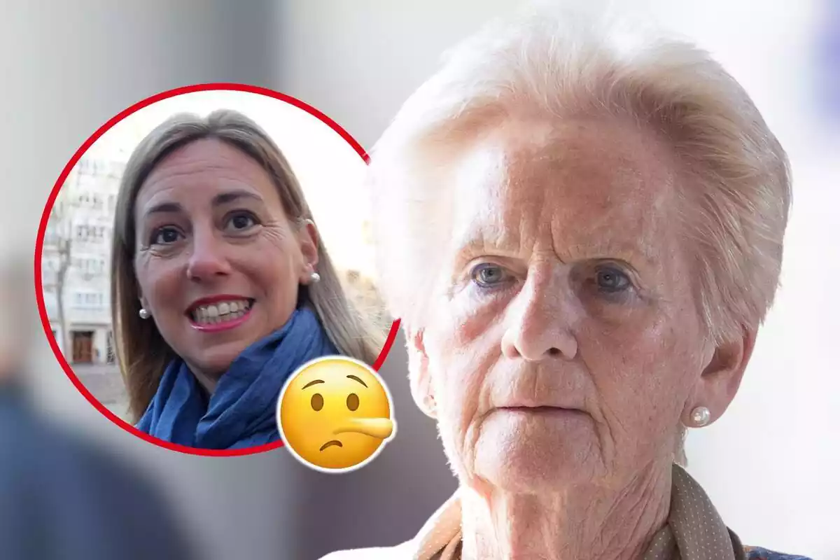 Muntatge de fotos de primer pla de Claire Liebaert amb rostre seriós i Ainhoa Armentia amb rostre somrient; totes dues tenen un emoji de mentider al costat