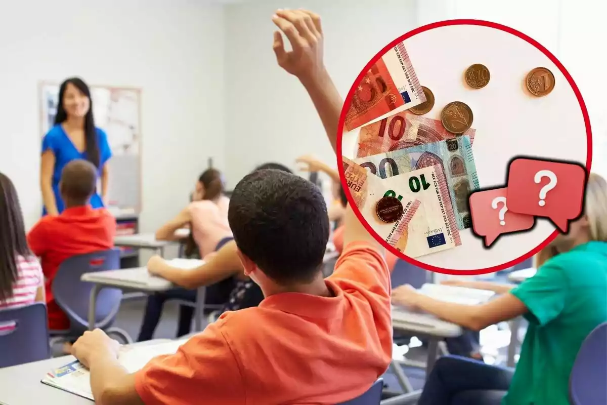 Un estudiant aixeca la mà en una classe mentre una mestra és al capdavant, amb una imatge superposada de bitllets i monedes dins d'un cercle vermell amb signes d'interrogació. Un estudiant aixeca la mà en una classe mentre una mestra és al capdavant, amb una imatge superposada de bitllets i monedes dins d'un cercle vermell amb signes d'interrogació.
