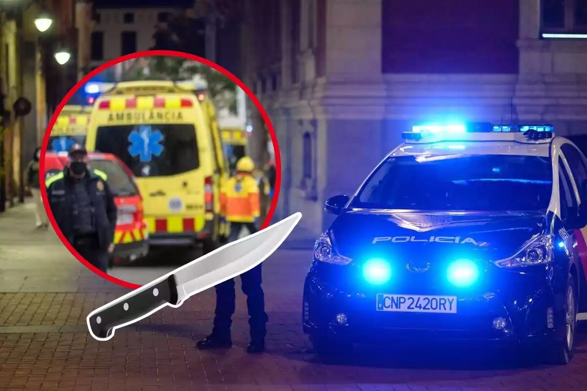 Muntatge de fotos d'un cotxe de policia i, al costat, una ambulància amb un ganivet