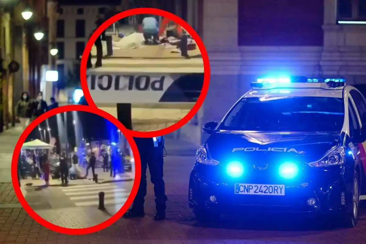 Patrulla de policia amb llums enceses en un carrer de nit i dos requadres vermells mostrant escenes d’un operatiu policial amb persones i una zona acordonada.