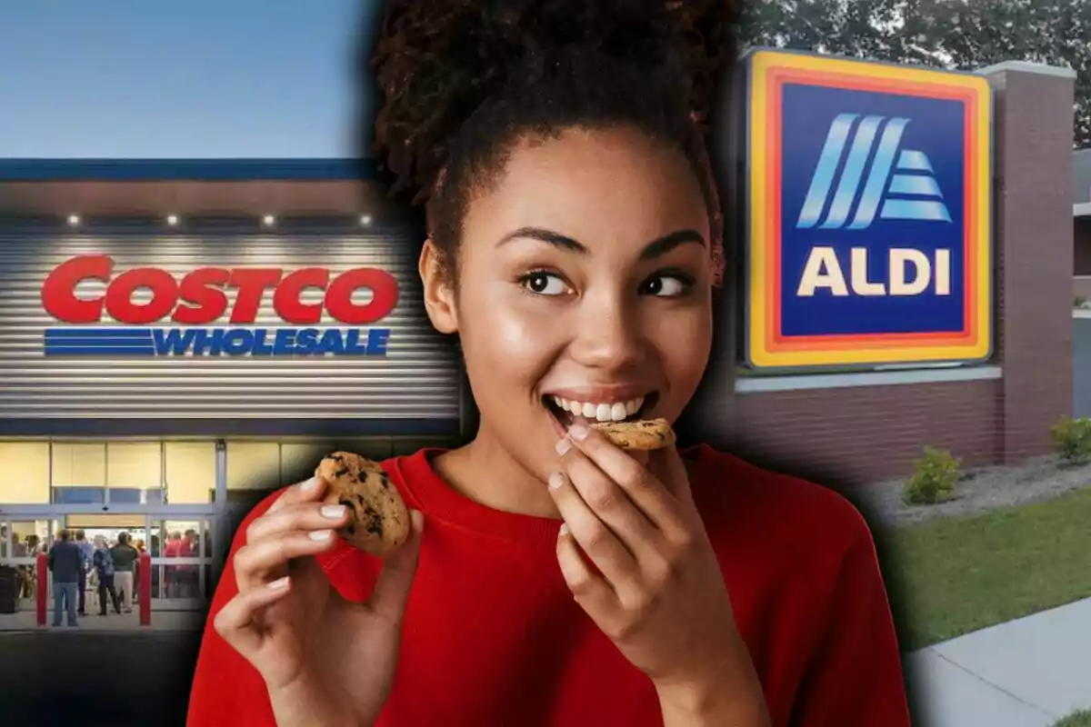 Una persona sonriente sostiene una galleta frente a los letreros de Costco y Aldi.