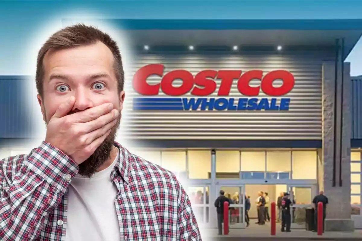 A man with a surprised expression covers his mouth in front of a Costco store entrance.