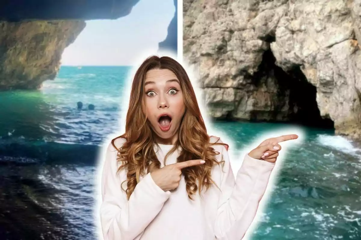 Muntatge de fotos de dues imatges de la Cova del Llop Marí i, al costat, una persona amb rostre sorprès