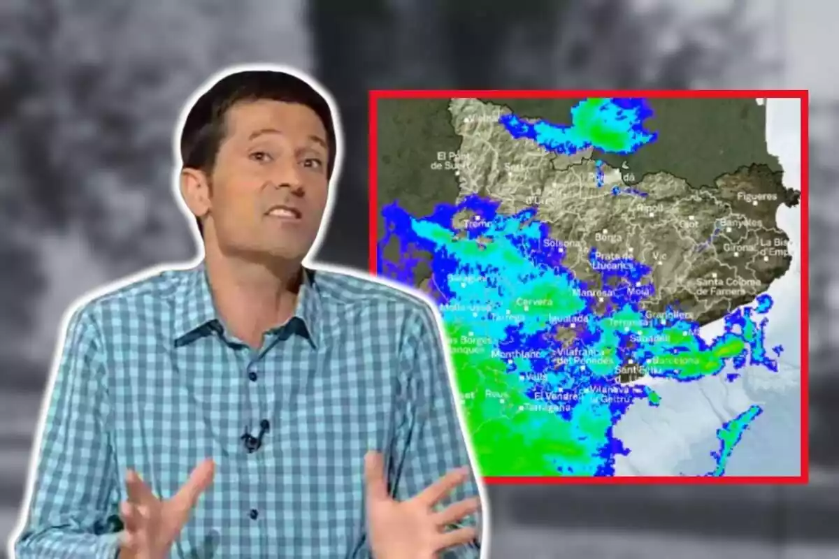 Muntatge de fotos de pla mitjà de Dani Ramírez, meteoròleg de TV3, i al costat, un mapa de precipitacions del MeteoCat
