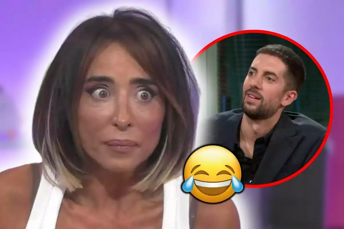 María Patiño amb expressió de sorpresa en primer pla i David Broncano rient en un cercle vermell amb un emoji de riure al costat.