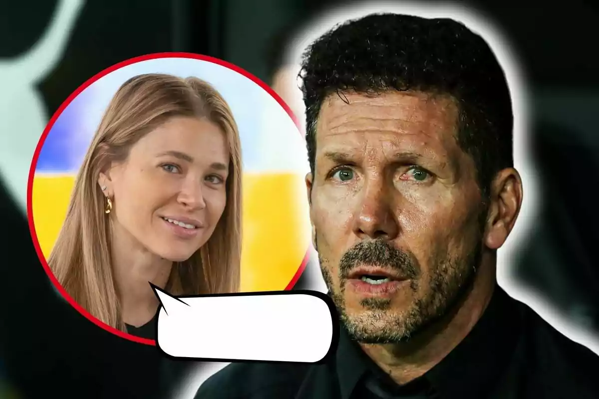 Muntatge de fotos de Diego Simeone amb expressió seriosa i Carla Pereyra en un cercle vermell amb un globus de diàleg buit.