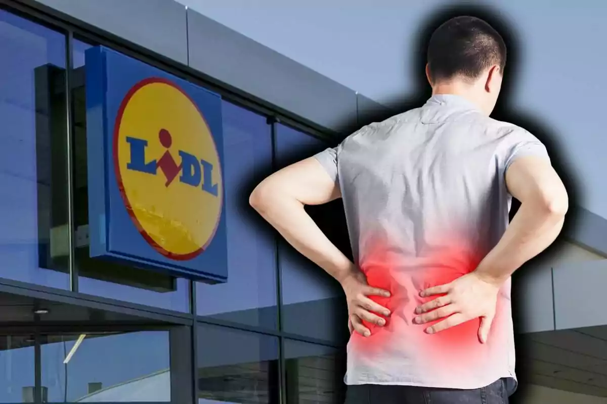 Photo montage of a man with back pain in front of a Lidl store.