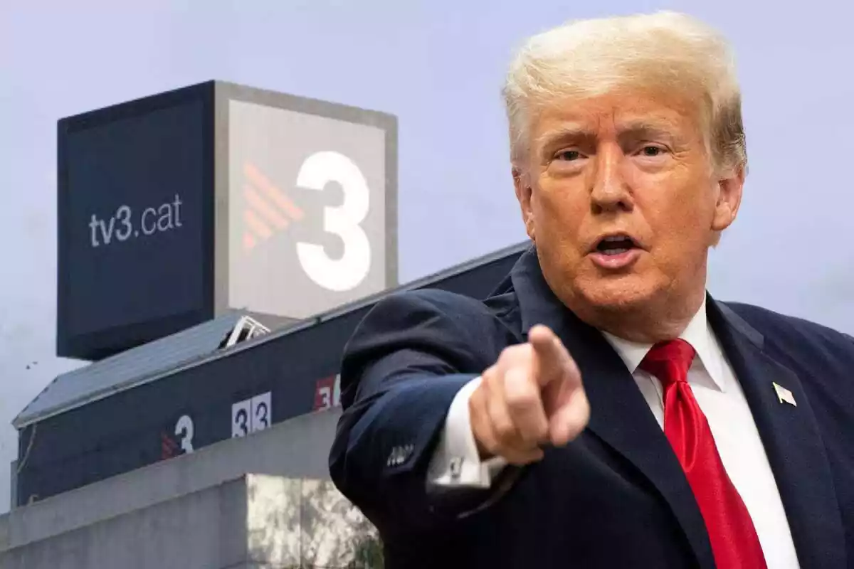 Muntatge de fotos de les instal·lacions de TV3 i, al costat, una imatge de Donald Trump amb rostre d'enuig