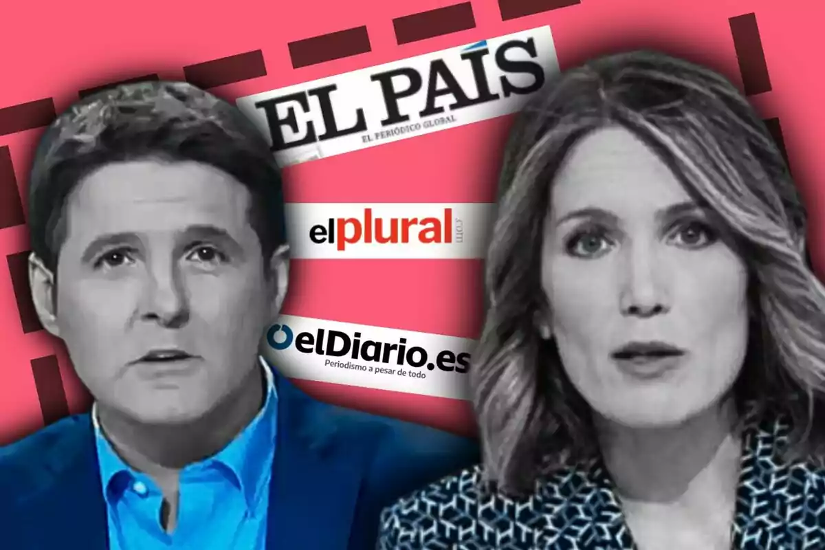 Dos presentadors de notícies en primer pla —que són Silvia Intxaurrondo i Jesús Cintora— amb logotips de mitjans espanyols darrere d’ells com ‘El País’, ‘elplural.com’ i ‘eldiario.es’ sobre un fons rosa.