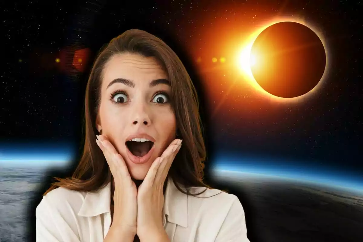 A woman with a look of surprise in front of a solar eclipse in space.