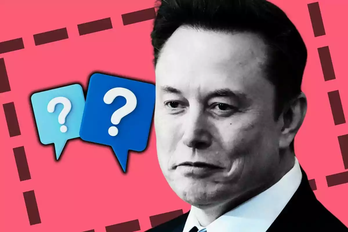 Montaje de fotos de primer plano de Elon Musk con el fondo rosa y unos emojis de interrogantes al lado.