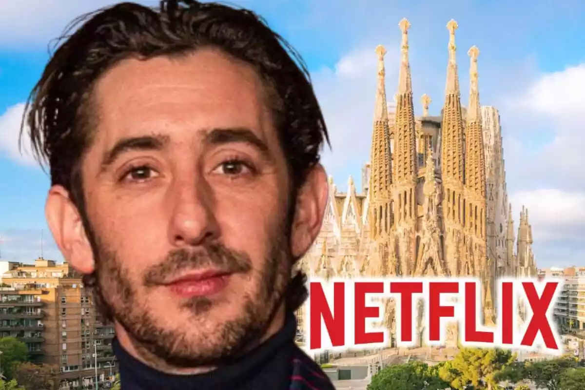 Muntatge de fotos de primer pla d'Enric Auquer amb rostre mig somrient i, de fons, la Sagrada Família de Barcelona amb el logotip de Netflix al costat