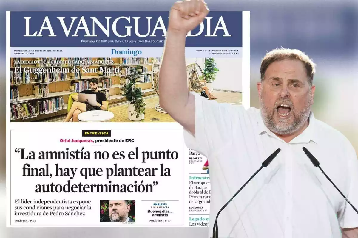 Muntatge de fotos d'Oriol Junqueras amb la mà alçada en senyal de protesta i, al costat, la portada de 'La Vanguardia' on apareix la seva entrevista parlant de l'amnistia