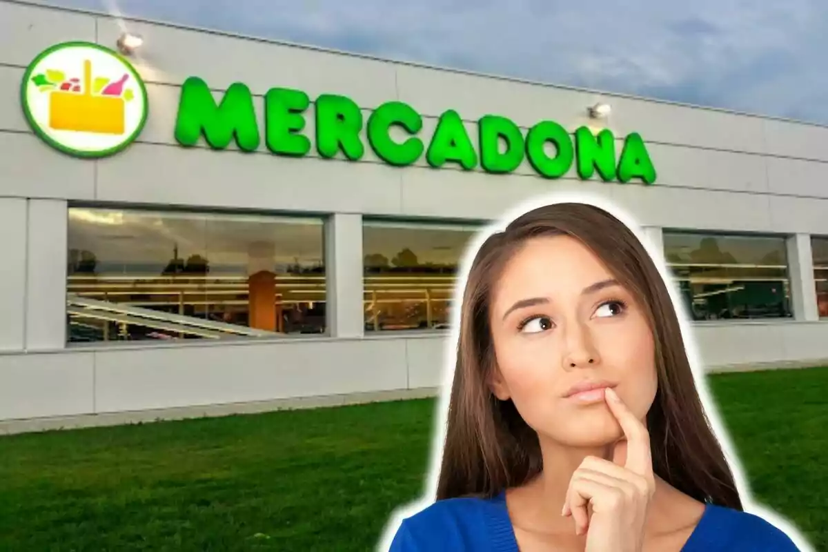 Dona pensativa davant d'una botiga de Mercadona.