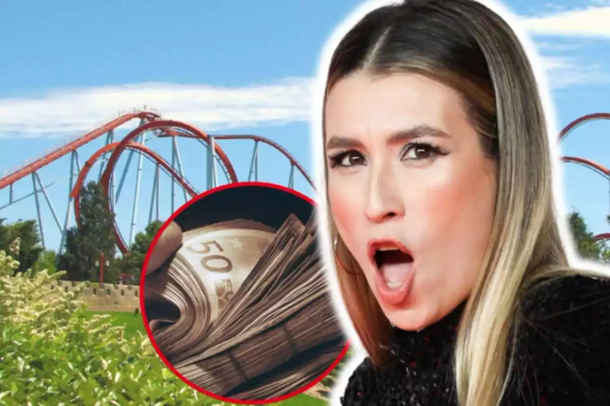 Muntatge de fotos de primer pla d'Eva Soriano amb cara de sorpresa i, de fons, una muntanya russa de Port Aventura i una imatge de molts bitllets d'euro