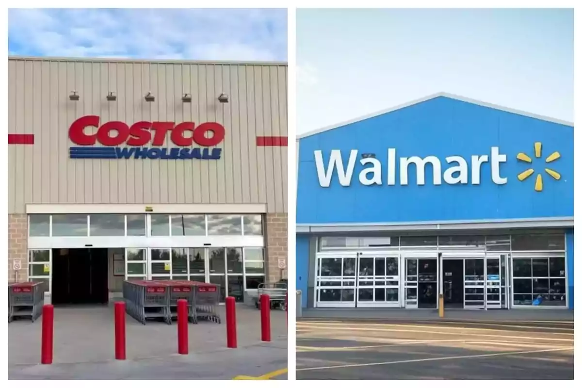 Fachadas de las tiendas Costco y Walmart lado a lado. Fachadas de las tiendas Costco y Walmart lado a lado.