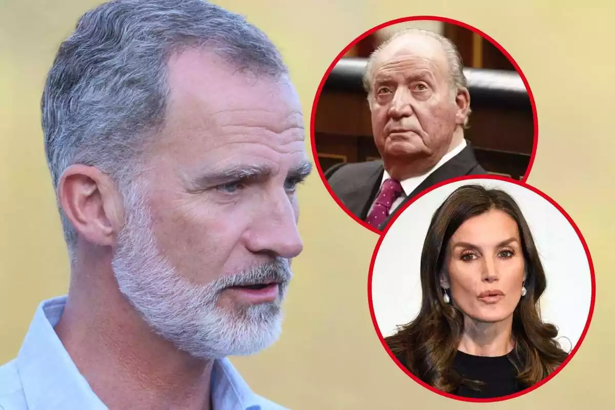 Muntatge de fotos de primer pla del rei Felip VI i, al costat, una imatge del seu pare el rei emèrit, Joan Carles I, i una altra de la seva dona, la reina Letizia Ortiz