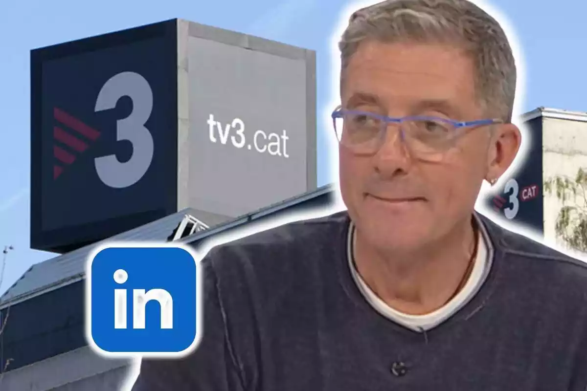 Muntatge de fotos de Fermí Fernández amb rostre somrient i les instal·lacions de TV3 de fons i el logo de LinkedIn al costat