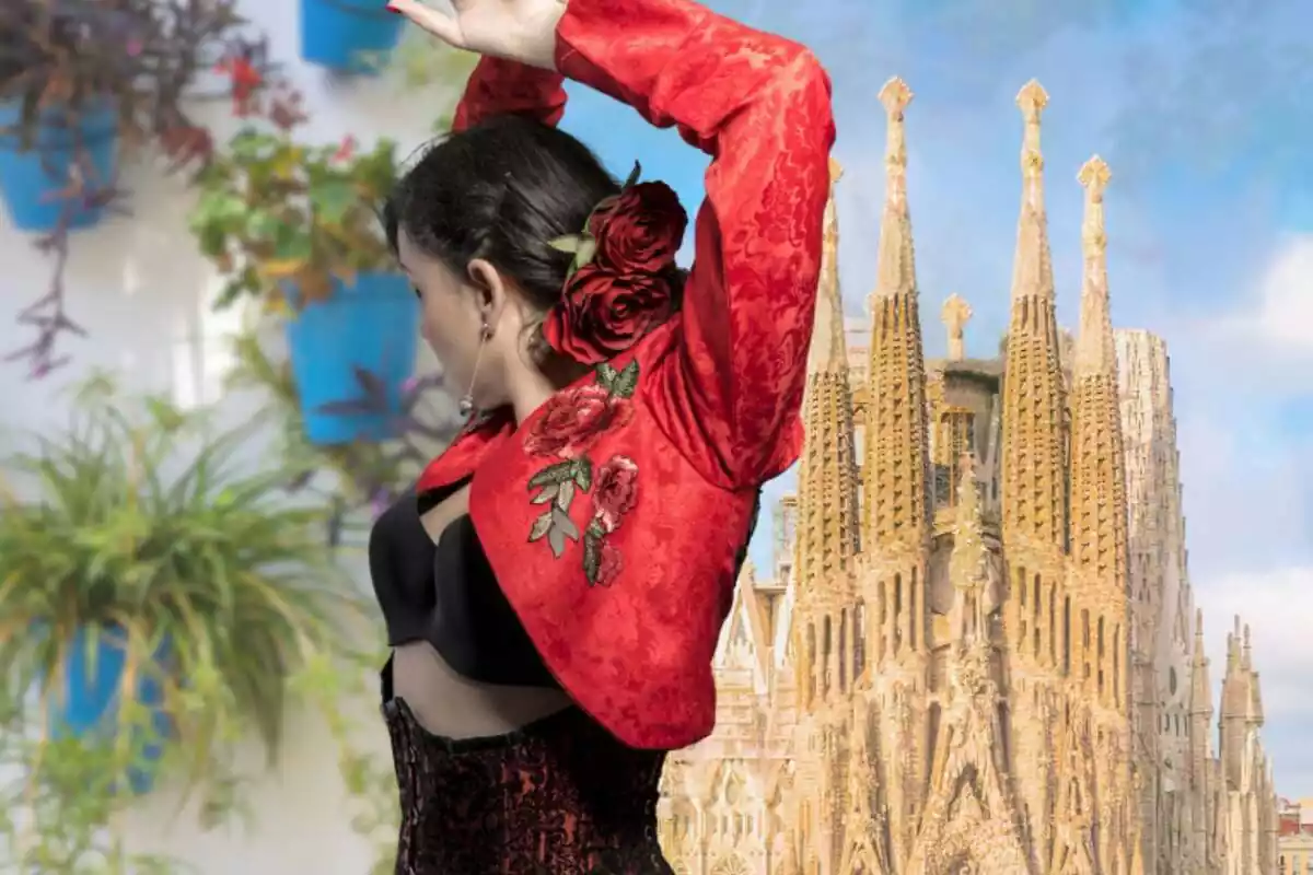 Muntatge de fotos d'una flamenca ballant d'esquena i de fons una imatge de la Sagrada Família de Barcelona