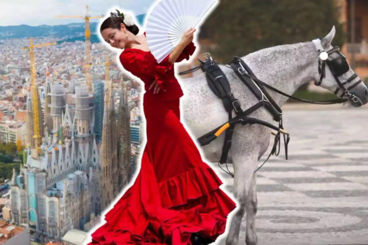 Muntatge de fotos de les ciutats de Barcelona i Sevilla i, al davant, una sevillana vestida de flamenca amb un cavall al costat