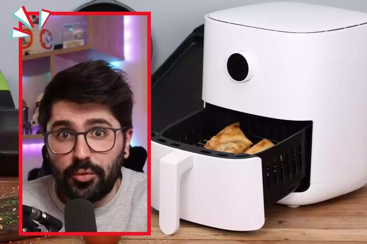 Muntatge de fotos d'una fregidora d'aire i, al costat, una imatge d'un tiktoker del compte Xataka explicant com s'ha de netejar correctament una airfryer