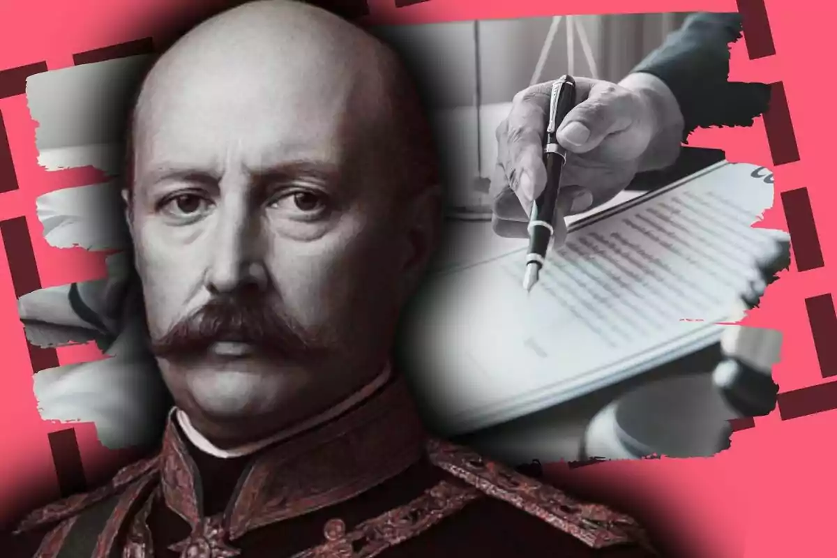 Un retrat en blanc i negre del general Serrano al costat d'una imatge d'una mà sostenint un bolígraf sobre un document en un fons vermell.