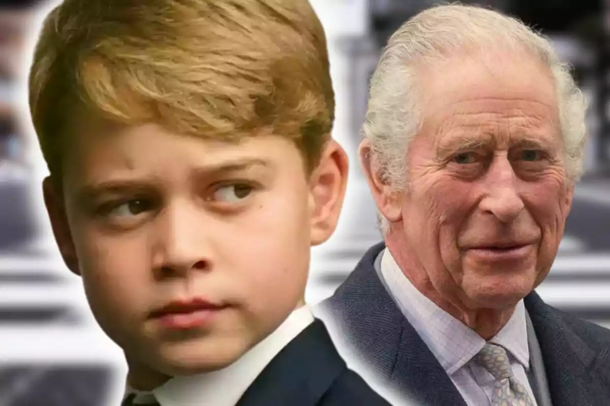 Close-up photo montage of Prince George and Charles III, both with neutral expressions.