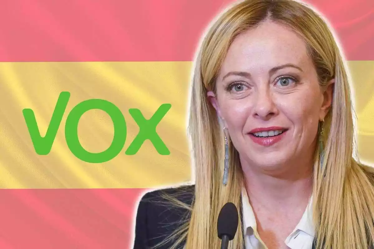 Muntatge de fotos de Giorgia Meloni amb la bandera d'Espanya de fons i el logo de Vox al costat