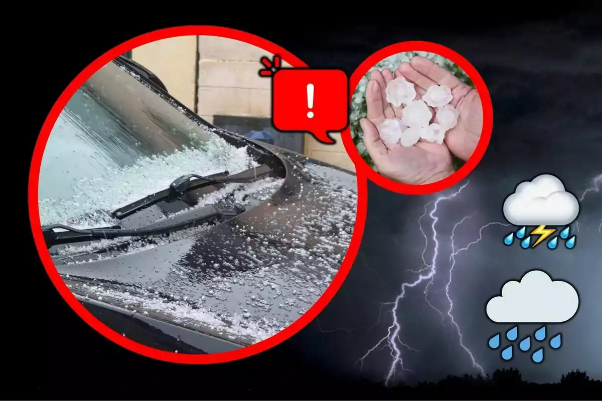 Imatge d’un cotxe cobert de calamarsa amb una mà sostenint boles de calamarsa, amb un fons d’una tempesta elèctrica i núvols de pluja amb llamps i gotes d’aigua. Imatge d’un cotxe cobert de calamarsa amb una mà sostenint boles de calamarsa, amb un fons d’una tempesta elèctrica i núvols de pluja amb llamps i gotes d’aigua.