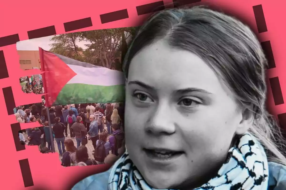 Greta Thunberg amb bufanda de quadres en primer pla i manifestació amb bandera palestina de fons sobre un disseny gràfic rosa.