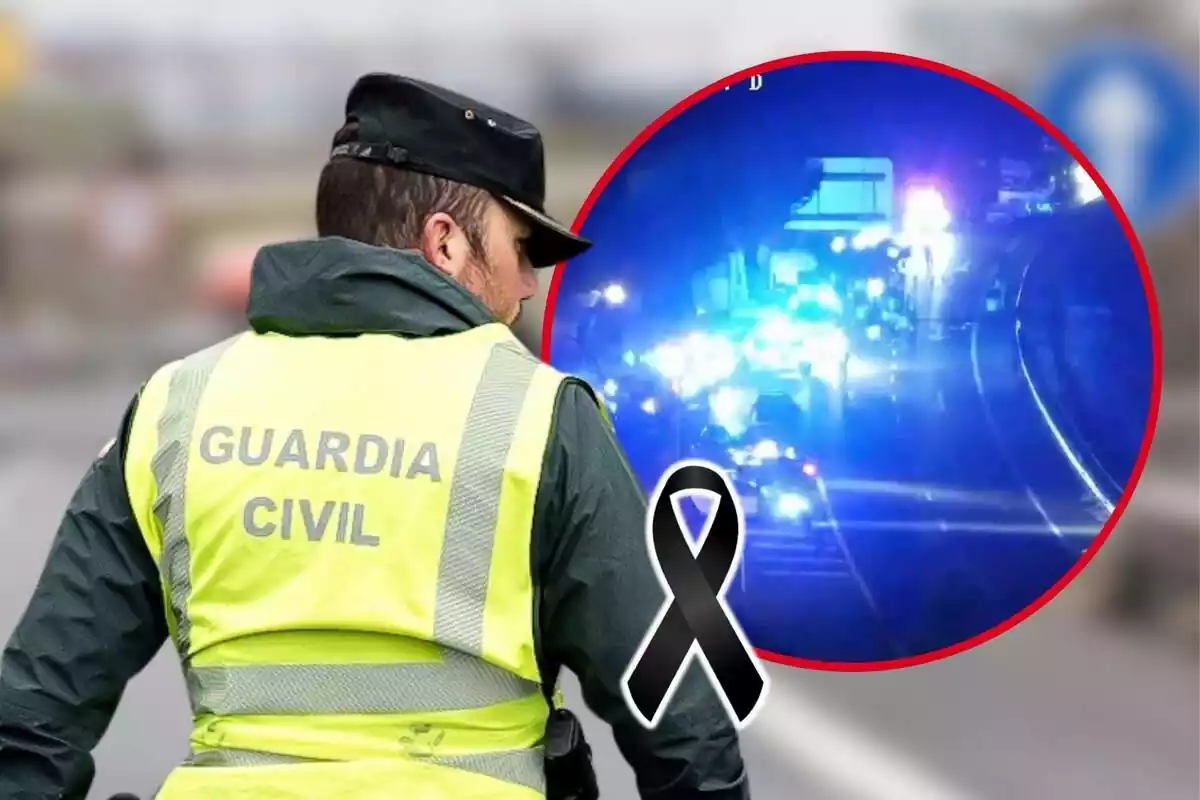 Muntatge de fotos d?un Guàrdia Civil d?esquena i, al costat, una imatge de l?accident ocorregut a l?AP-4 a Sevilla