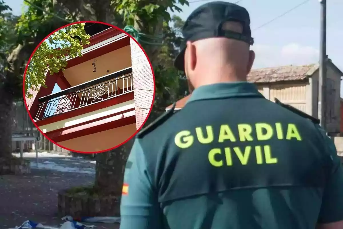 Muntatge de fotos d´un guàrdia civil d´esquena i, al costat, la imatge d´un balcó d´un pis