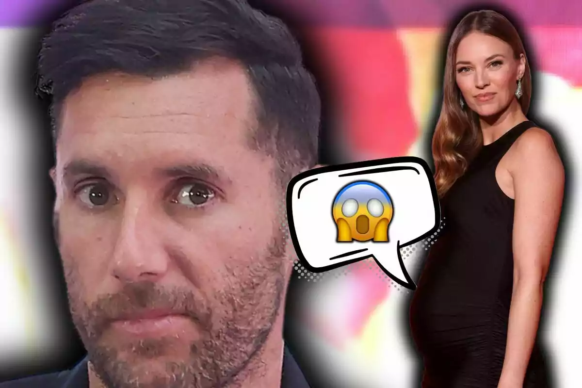 Montaje de fotos de Rudy Fernández con expresión seria y Helen Lindes embarazada con un vestido negro, acompañados de un emoji de sorpresa en un globo de diálogo.