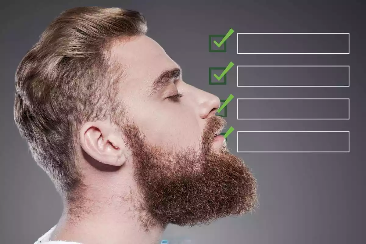 Muntatge de fotos d´un home amb barba de perfil i, al costat, una llista en blanc amb ticks verds