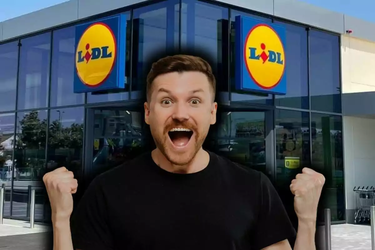 A man excited in front of a Lidl store.