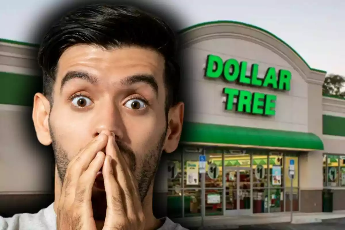 A man with a surprised expression in front of a Dollar Tree store.